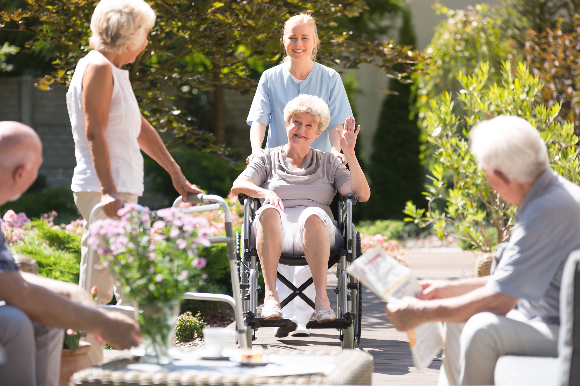 Happy grandma in wheelchair waving to her friend with walking frame during free time in garden